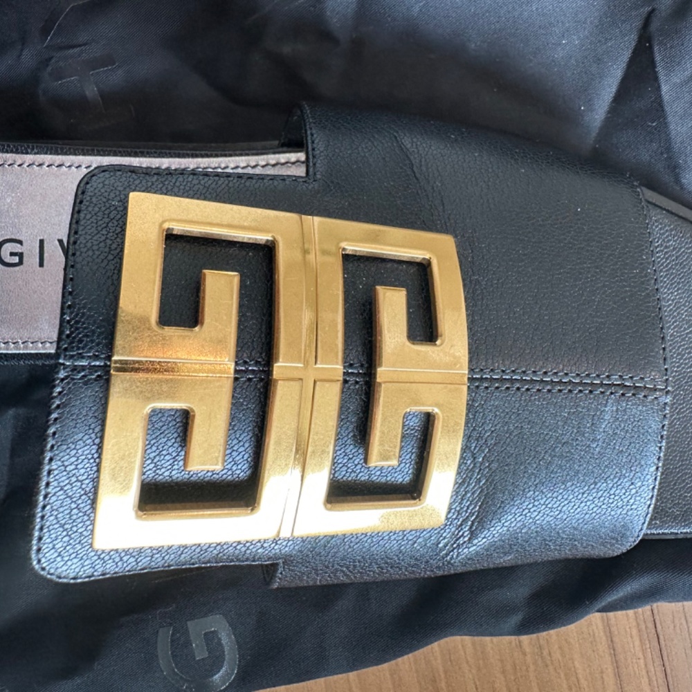 Givenchy Black Leather Slide Sandals with Gold Logo Plaque - Picture 5 of 6